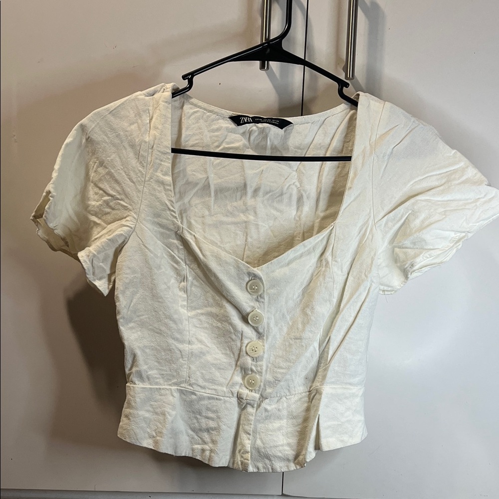 Zara Off-White Button-Front Square Neck Crop Blouse